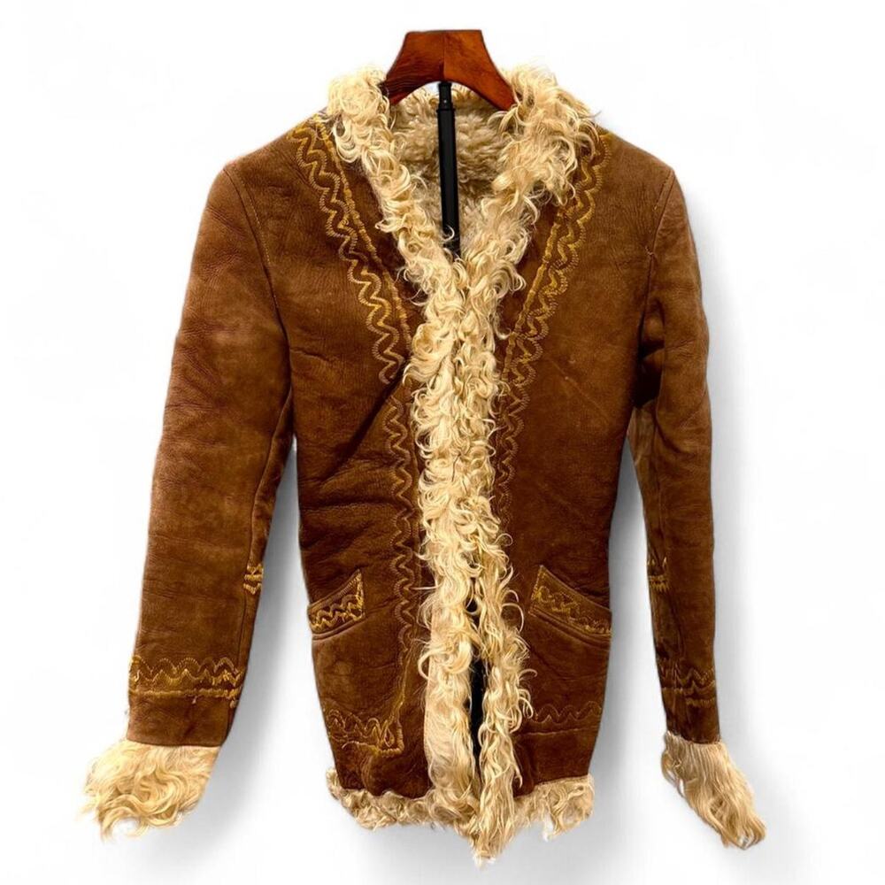 Vintage 70s Boho Embroidered Sheepskin & Shearling Afghan Penny Lane Coat XS/S - Picture 3 of 8